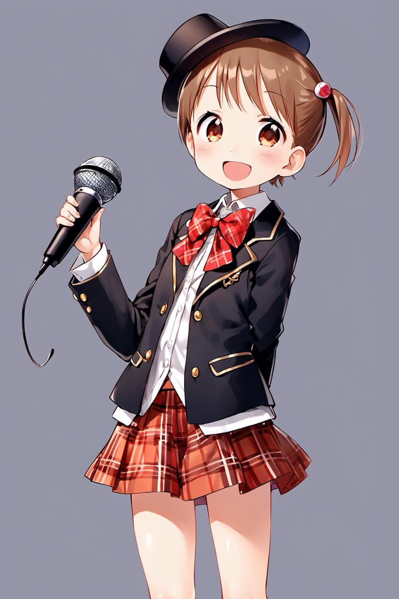 25763-3865879422-Chika Itou,1girl,solo,skirt,hat,brown hair,microphone,hair ornament,plaid,brown eyes,bow,smile,open mouth,jacket,hair bobbles,bo.png